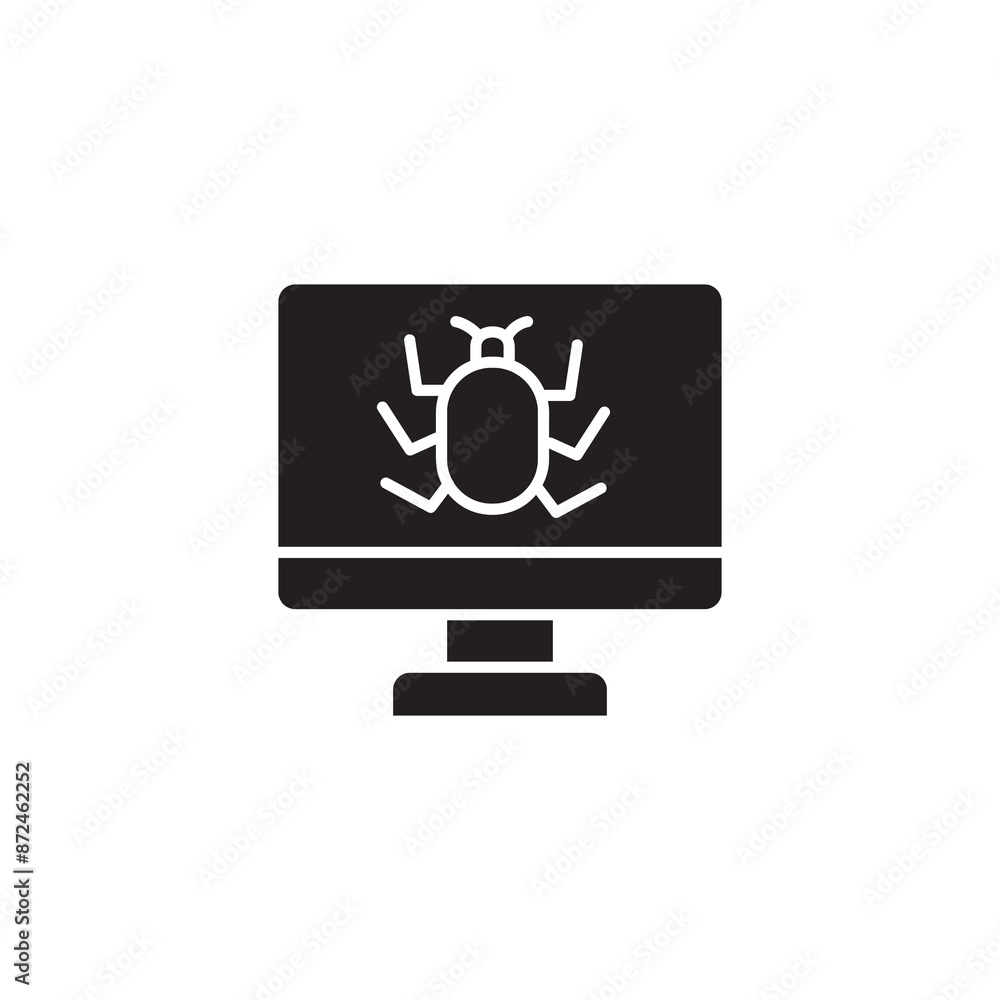 Poster computer monitor with virus bug.simple flat black illustration for web and app on white background..