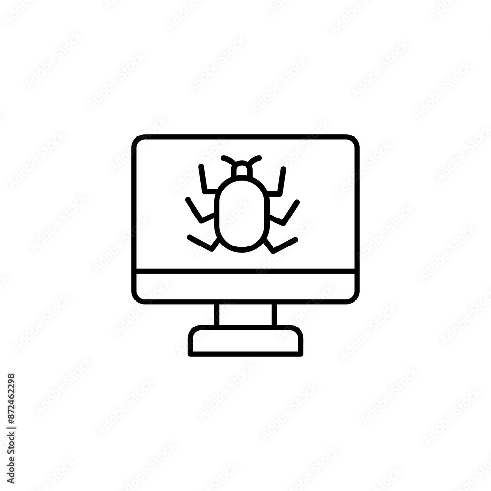 Poster computer monitor with virus bug.vector flat linear illustration for web and app on white background.
