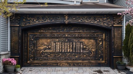 garage door designed to look like a giant, antique book cover, with ornate detailing and embossed lettering