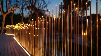 Obraz premium continuous fence made of thin, vertical metal rods, each capped with a small LED light, creating a lit pathway at night