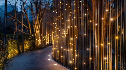 continuous fence made of thin, vertical metal rods, each capped with a small LED light, creating a lit pathway at night