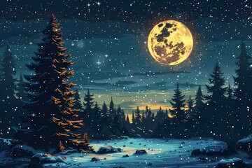 Naklejka premium A night sky filled with stars and a bright full moon, with a silhouette of a snowy pine forest and a decorated Christmas tree in the foreground