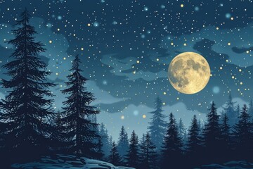 A night sky filled with stars and a bright full moon, with a silhouette of a snowy pine forest and a decorated Christmas tree in the foreground