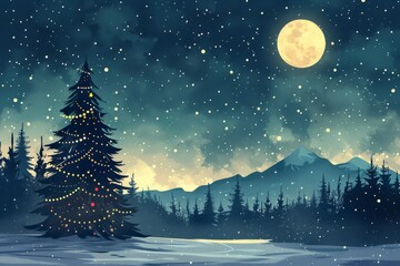 Naklejka premium A night sky filled with stars and a bright full moon, with a silhouette of a snowy pine forest and a decorated Christmas tree in the foreground
