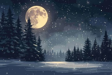 Fototapeta premium A night sky filled with stars and a bright full moon, with a silhouette of a snowy pine forest and a decorated Christmas tree in the foreground