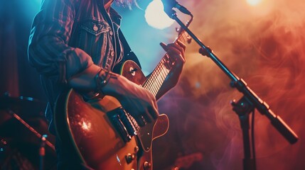 Musician performing on stage with microphone and guitar generated.