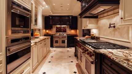 Fototapeta premium Elegant Gourmet Kitchen with Dark and Light Cabinetry Featuring State-of-the-Art Appliances.