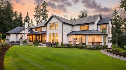 Obraz premium Elegant Modern Home with Expansive Lawn and Forest Backdrop at Sunset.