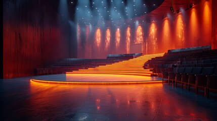 Stage podium in a concert hall with dramatic lighting, crowd silhouettes, and customizable banner spaces. , Minimalism,