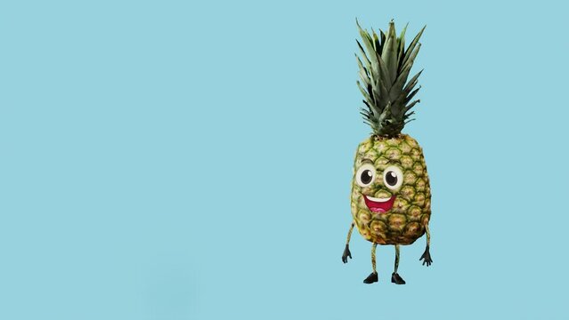 3D animation of a pineapple character dancing on a solid background. Ideal for digital projects, advertisements, educational content, and social media.