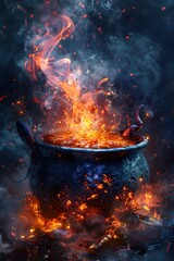 Bubbling Cauldron of Mystical Potion in Occult Ritual Scene with Gnarled Hands and Smoky Tendrils