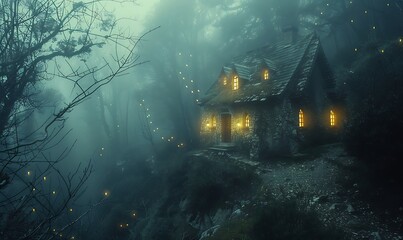 Haunted Cottage An eerie, abandoned cottage with flickering lights in a dense, foggy forest