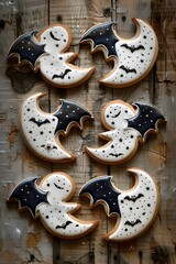 Fototapeta premium Delicate Hand-Painted Halloween Sugar Cookies Arranged with Vintage Charm on Rustic Wooden Surface