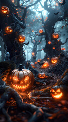 Naklejka premium Enchanted Twilight Glade with Jack-o'-Lanterns and Ghostly Apparitions in Misty Forest Landscape