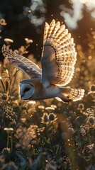Obraz premium Majestic Barn Owl Soaring Effortlessly Over Sun-Kissed Meadow with Ethereal Presence and Warm, Tranquil Ambiance