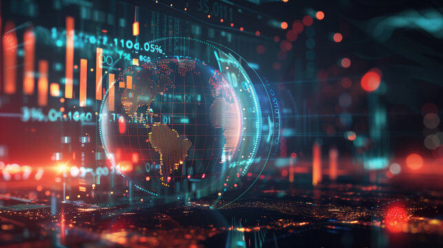 Digital Currency Trends and Global Finance: Stock Market Graphs Around a World Globe