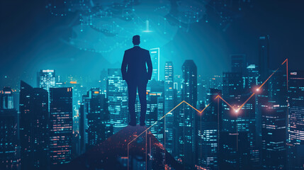 Cityscape Business Success: Businessman Achieving Economic Growth on Upward Arrow Graph