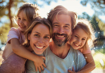 Obraz premium Happy Family of Four Smiling and Laughing Outdoors in Sunlit Park