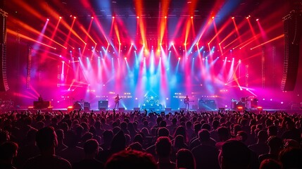Music festival stage podium with concert crowd, band performance setup, and vibrant stage lighting. , Minimalism,