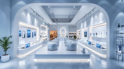 Product launch stage podium with product displays, tech gadgets, and customizable demo stations. , Minimalism,