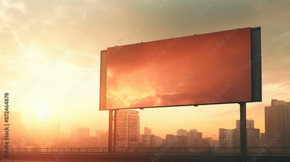 Aufkleber empty billboard with a red background at sunset. red billboard mockup surrounded with urban cityscap