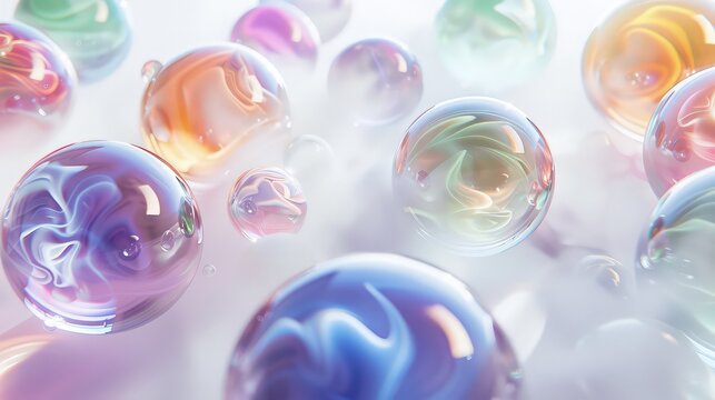 An array of floating, glassy orbs, their surfaces smooth and reflective, encapsulating swirling mists of color, all set against a crisp white background.