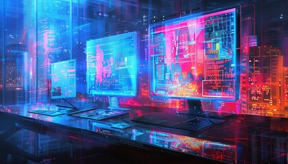 Software suite organizing desk schedules with holographic displays, Minimalist, Cool tones, Digital painting, clear and sharp