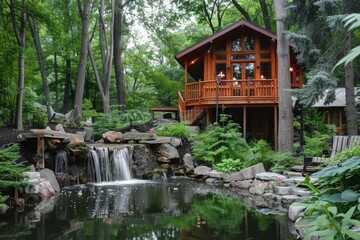 Obraz premium Serene Waterfall and Wooden Cabin in a Lush Forest