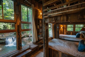 Rustic Cabin Interior with Waterfall View
