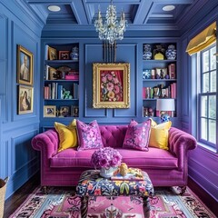 Vibrant Living Room with Purple Sofa and Floral Decor