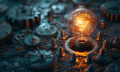 Idea Lightbulb A glowing lightbulb surrounded by interconnected gears and circuits