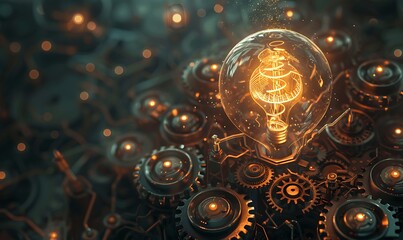 Idea Lightbulb A glowing lightbulb surrounded by interconnected gears and circuits