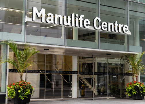 Toronto Canada, July 2, 2024; The entrance sign on the Manulife Centre office and retail building in Toronto