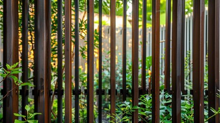 Fototapeta premium fence with vertical metal slats that are spaced unevenly, offering glimpses into the secluded garden beyond