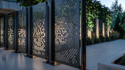 metal fence designed with vertical panels that rotate, allowing for customizable patterns of light and privacy