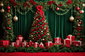 Christmas backdrop in festive ornaments and twinkling fairy lights