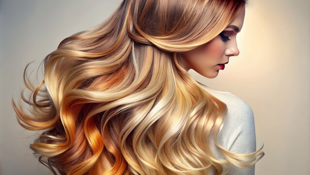 Soft, warm, multi-tonal hair strands cascading downwards on a pristine white background, showcasing a subtle, sun-kissed ombre hair coloring effect.