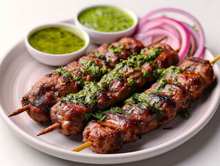 Grilled Pork Kebabs with Onion, Parsley and Green Sauce