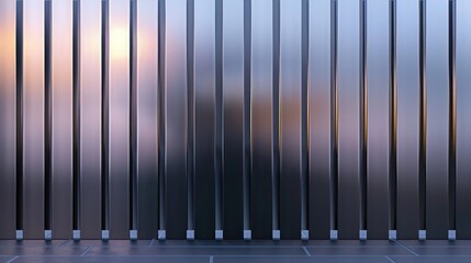 minimalist metal fence with a series of vertical slats, each featuring a gradient from matte black at the base to shiny silver at the top