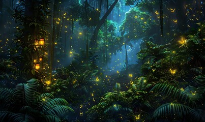 Naklejka premium Mystical Rainforest Magical creatures glowing in a dense, vibrant rainforest