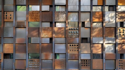 modular fence composed of square metal tiles, each tile rotating independently to form different patterns