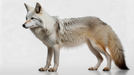 Obraz premium Full body profile of white wolf isolated on white background with copyspace area.