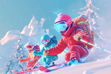 Kids skiing down a snowy slope mountain, all dressed in colorful ski gear. Traveling for vacation happy family enjoying a winter.