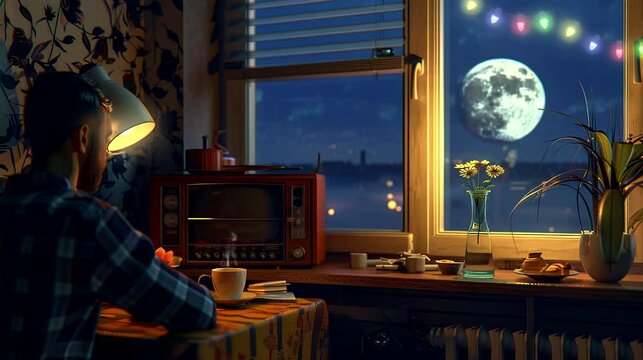 A man with retro radio in a room at night with full moon view from window. Seamless looping time-lapse 4k video animation background
