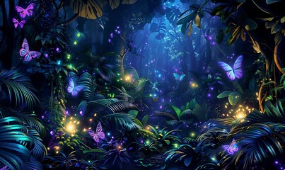 Obraz premium Mystical Rainforest Magical creatures glowing in a dense, vibrant rainforest