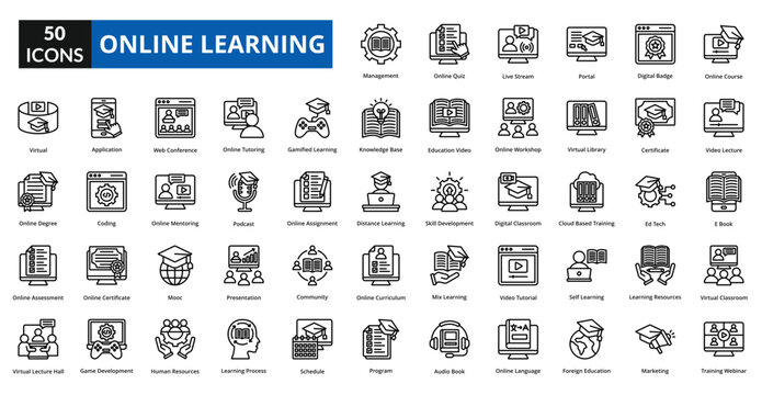 online learning icon line collection set online course