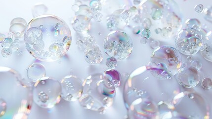 Delicate, glass-like bubbles in varying sizes, each reflecting a spectrum of colors, clustered together over a pure white canvas, creating a sense of depth and transparency.
