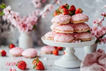 Stack of Pink Glazed Cookies on a White Cake Stand with Fresh Strawberries