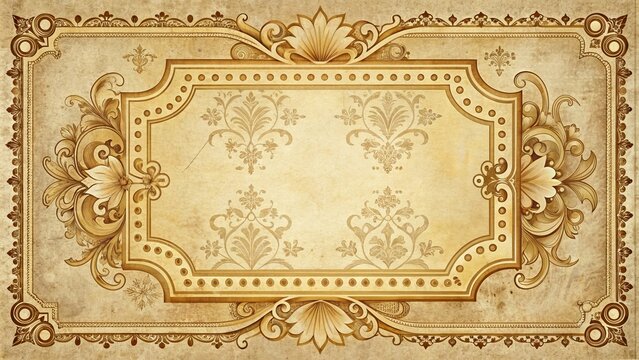 Old-fashioned ornate golden frame surrounds distressed vintage ticket template with floral patterns and intricate designs on creamy background.