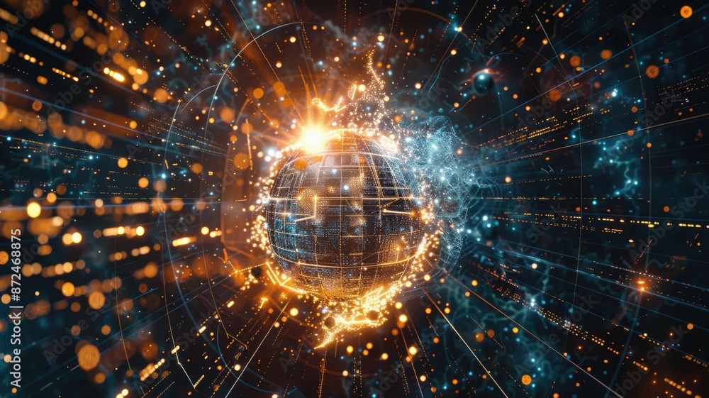 Poster a hightech digital sphere symbolizing the future of quantum computing and data visualization in cybe